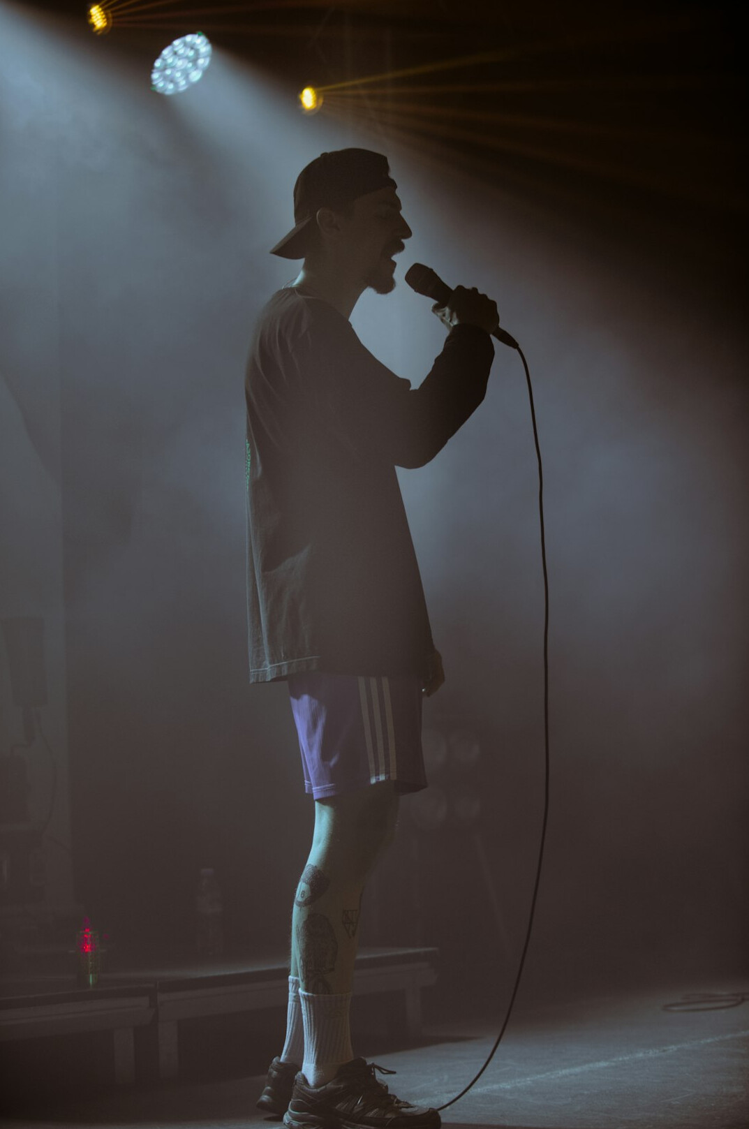 Singer performing on stage with a microphone and stage lights